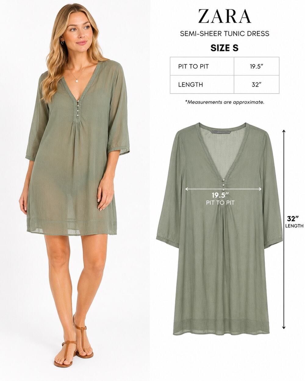 ZARA Basic Green Cotton Lightweight Tunic Size S Beach or Pool Ready Semi-Sheer